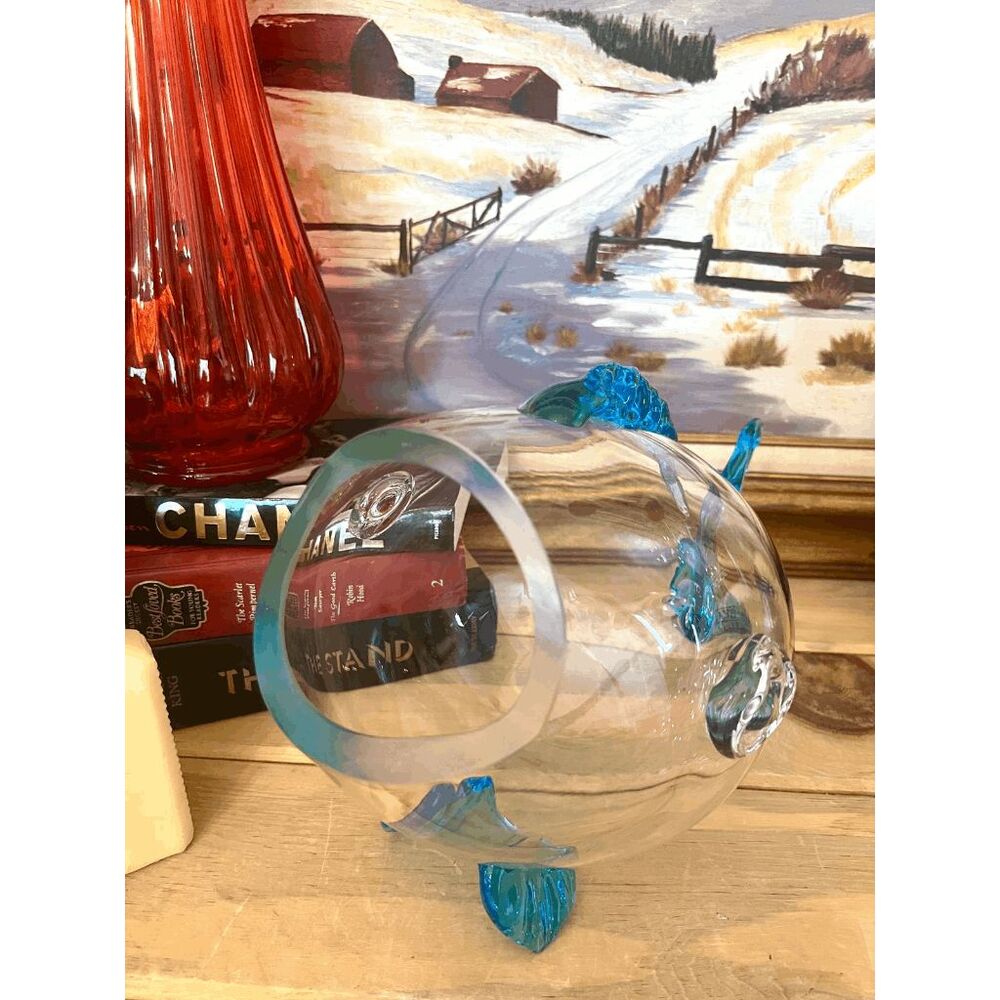Vintage Blenko Style Glass Fish Vase Clear Art Glass Bowl with Aqua Blue Fins - Picture 5 of 6